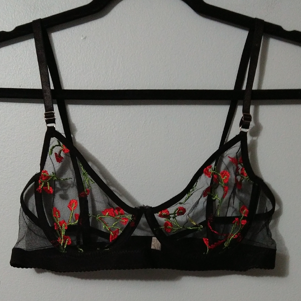 Embroidered Sheer Black & Red Bralette Size S